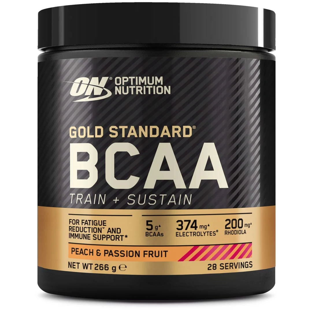 Optimum Nutrition Gold Standard BCAA 266 g mustassa purkissa kultaisilla yksityiskohdilla, makuna Peach Passionfruit., kuva 1/2