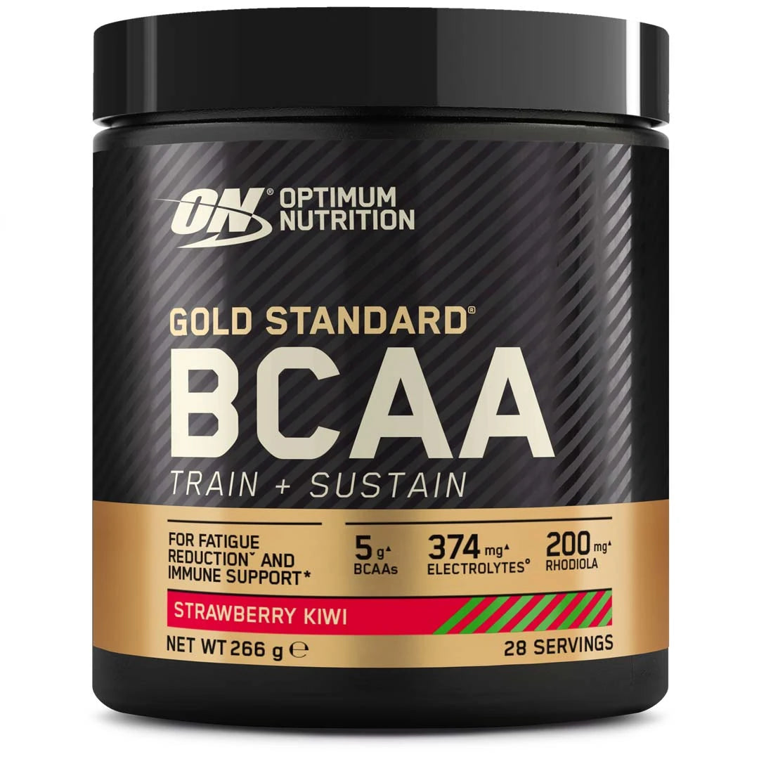 Optimum Nutrition Gold Standard BCAA 266 g mustassa purkissa kultaisilla yksityiskohdilla, makuna Strawberry Kiwi., kuva 2/2