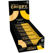 18 x Leader Promour Crispy 45 g Chocolate & Hazelnut musta-keltaisessa laatikossa, joka on täytetty proteiinipatukoilla.
