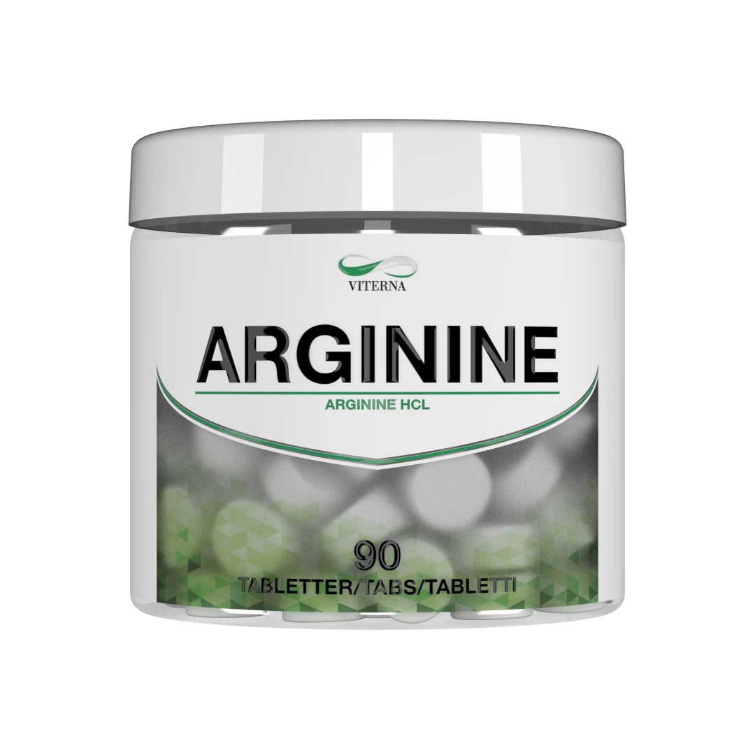 Viterna Arginine 90 tabs -aminohappotabletit valkoisessa purkissa vihreillä ja mustilla yksityiskohdilla., kuva 1/1