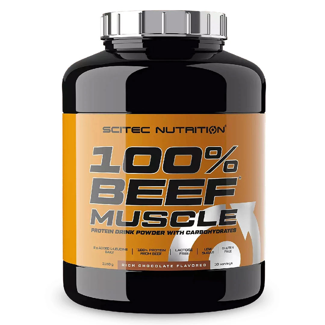Scitec Nutrition 100% Beef Muscle 3.18 kg -gaineri mustassa purkissa oranssilla etiketillä, makuna Rich Chocolate., kuva 1/1