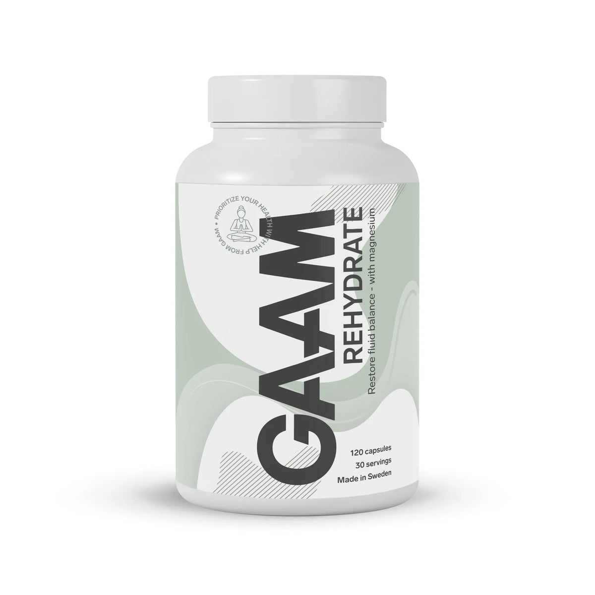 GAAM Rehydrate 120 caps -nesteytysvalmiste valkoisessa purkissa, jossa on harmaanvihreitä graafisia yksityiskohtia., kuva 1/1