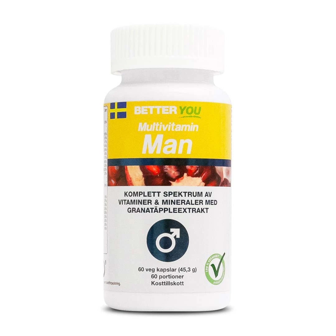 Better You Multivitamin Man 60 caps, vegaaninen monivitamiini valkoisessa purkissa, jossa keltainen etiketti ja granaattiomenakuvio., kuva 1/1