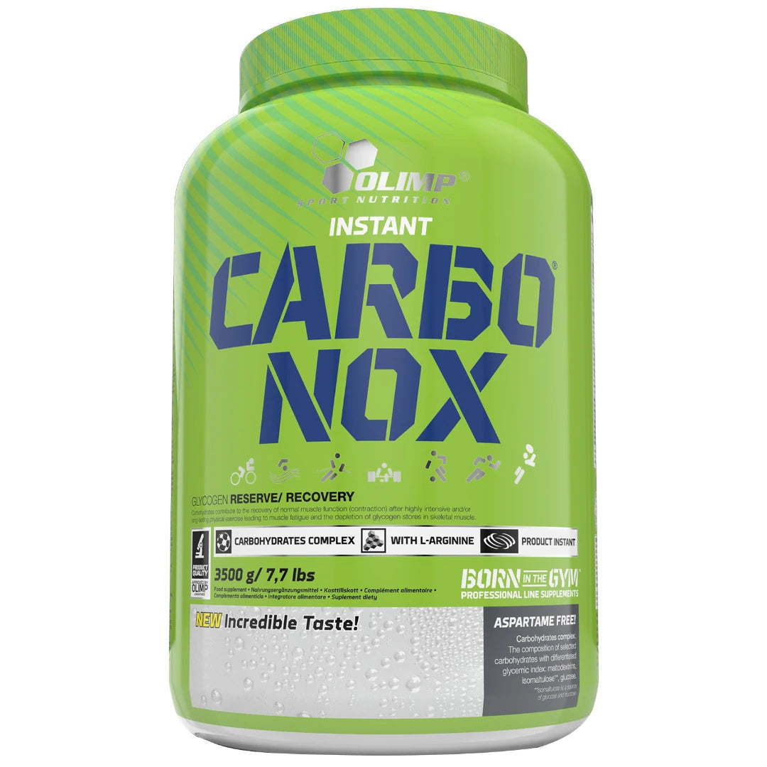Olimp Carbo NOX 3,5 kg -hiilihydraattijauhe isossa, vaaleanvihreässä purkissa, jossa on sininen teksti ja yksityiskohtia., kuva 2/4