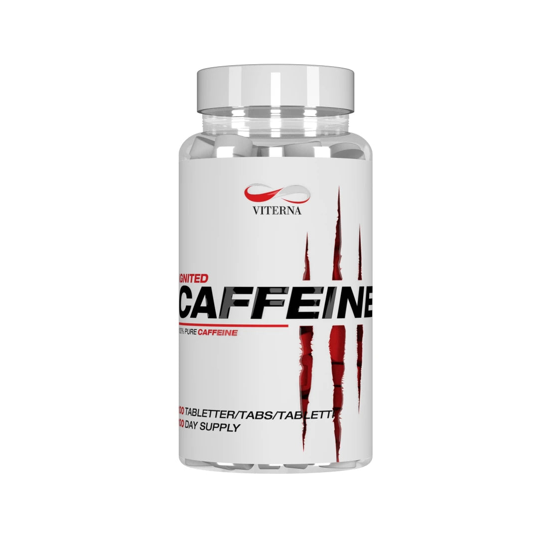 Viterna Ignited Caffeine 100 tabs koffeintabletter i en transparent burk med vit etikett och röda klösmärken., bild 1 av 1