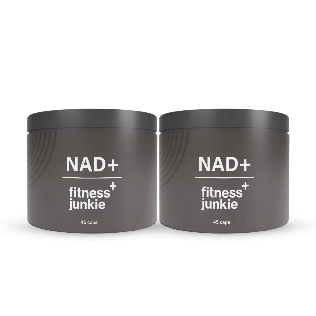 2 x fitnessjunkie NAD+ 45 caps kahdessa tummanharmaassa purkissa valkoisella tekstillä., kuva 1/1