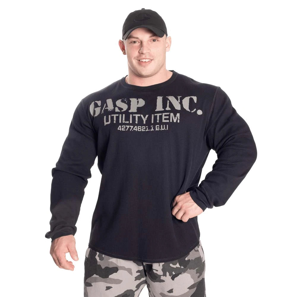 Mies mustassa GASP Thermal Gym Sweater Asphalt -treenipaidassa, jossa on suuri harmaa painatus rinnassa., kuva 2/6