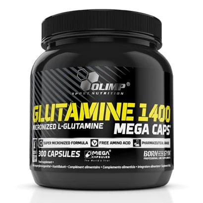 Olimp Glutamine 1400 Mega Caps 300 caps -ravintolisä mustassa purkissa keltaisella ja valkoisella tekstillä., kuva 1/1