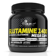 Olimp Glutamine 1400 Mega Caps 300 caps -ravintolisä mustassa purkissa keltaisella ja valkoisella tekstillä.