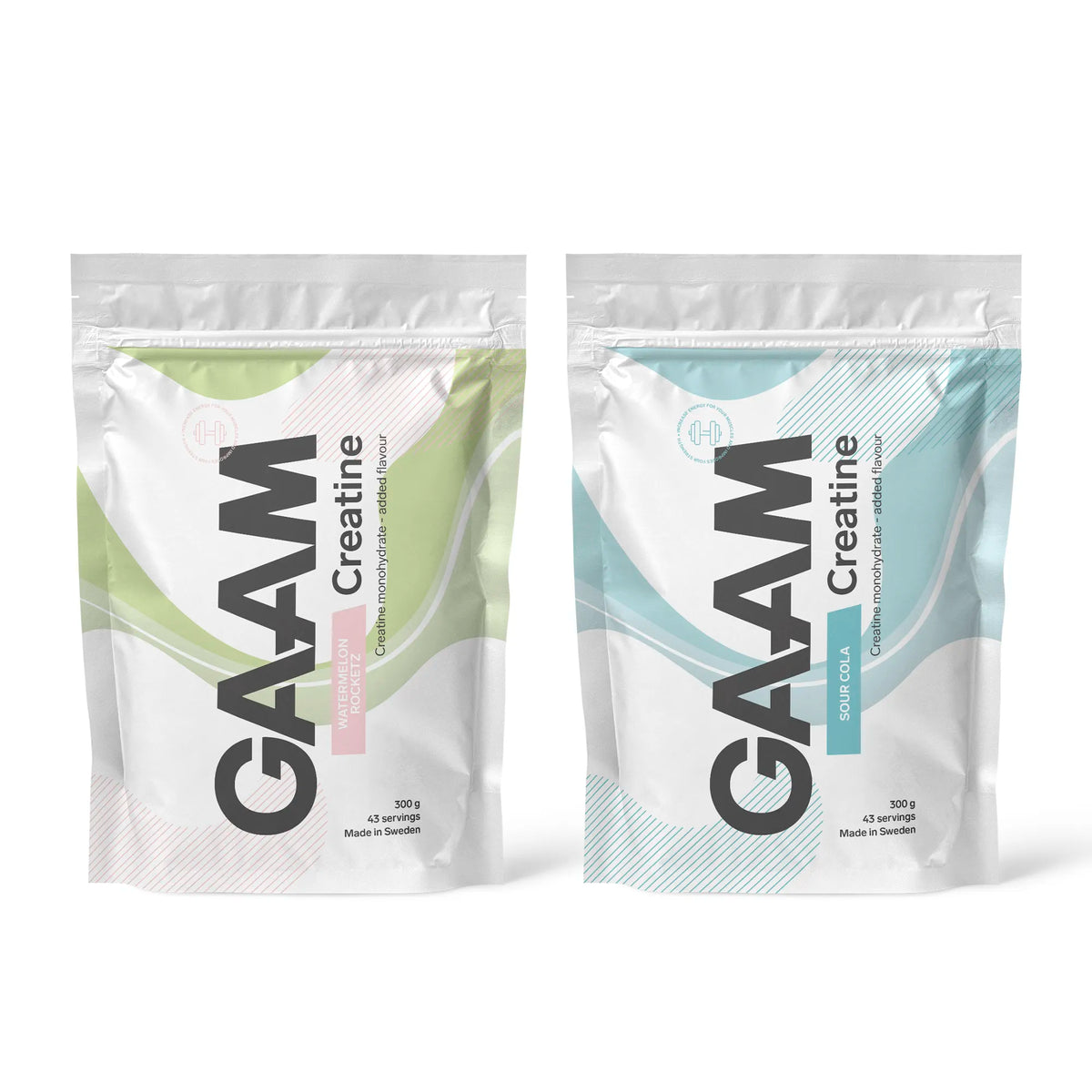 2 x GAAM Creatine 300 g kahdessa valkoisessa pussissa, joissa on pastellinvärisiä yksityiskohtia makujen Watermelon Rocketz ja Sour Cola mukaisesti., kuva 1/1