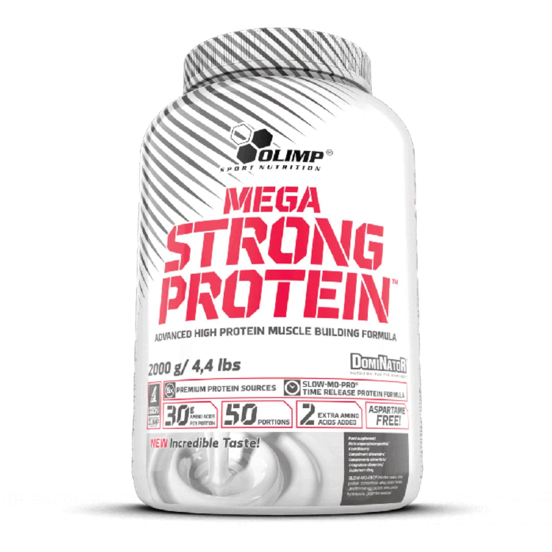 Valkoinen purkki punaisella tekstillä Olimp Dominator Mega Strong Protein 2 kg -proteiinijauhetta., kuva 2/2
