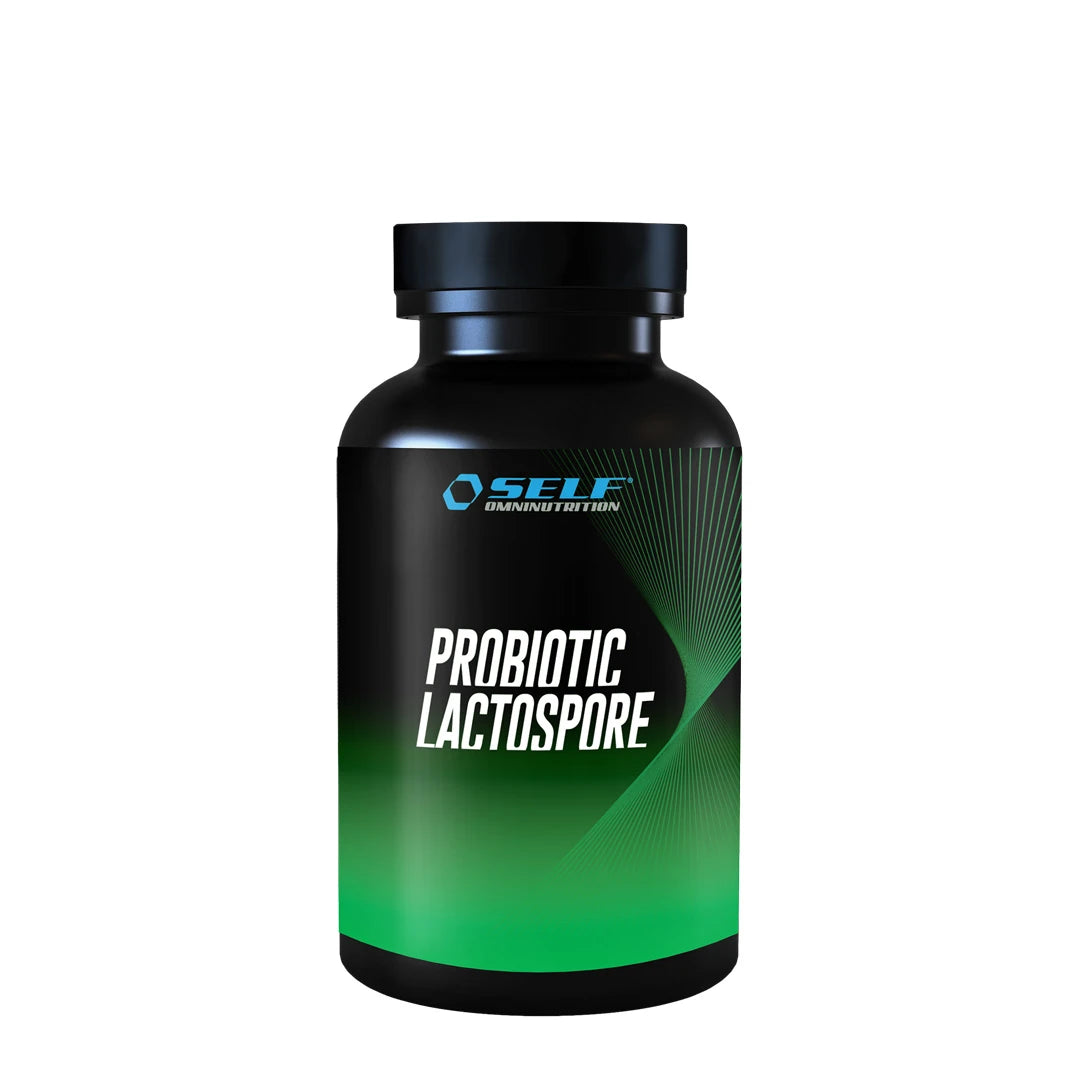 Self Omninutrition Probiotic Lactospore 60 caps mustassa purkissa vihreällä etiketillä ja valkoisilla yksityiskohdilla., kuva 1/1