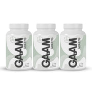 3 x GAAM Greens 60 Caps i tre vita burkar med ljusgröna vågmönster och svart text.