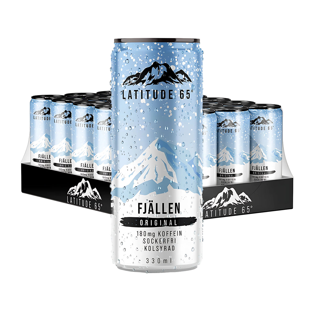 24 x Latitude 65 330 ml Fjällen - Original -hiilihapotettu juoma 24 tölkin lavapakkauksessa, jossa on vaaleansinisiä tölkkejä vuorikuvioinnilla., kuva 1/1