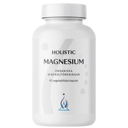 Holistic Magnesium 120 mg 90 caps kosttillskott i en vit plastburk med grå och blå detaljer.