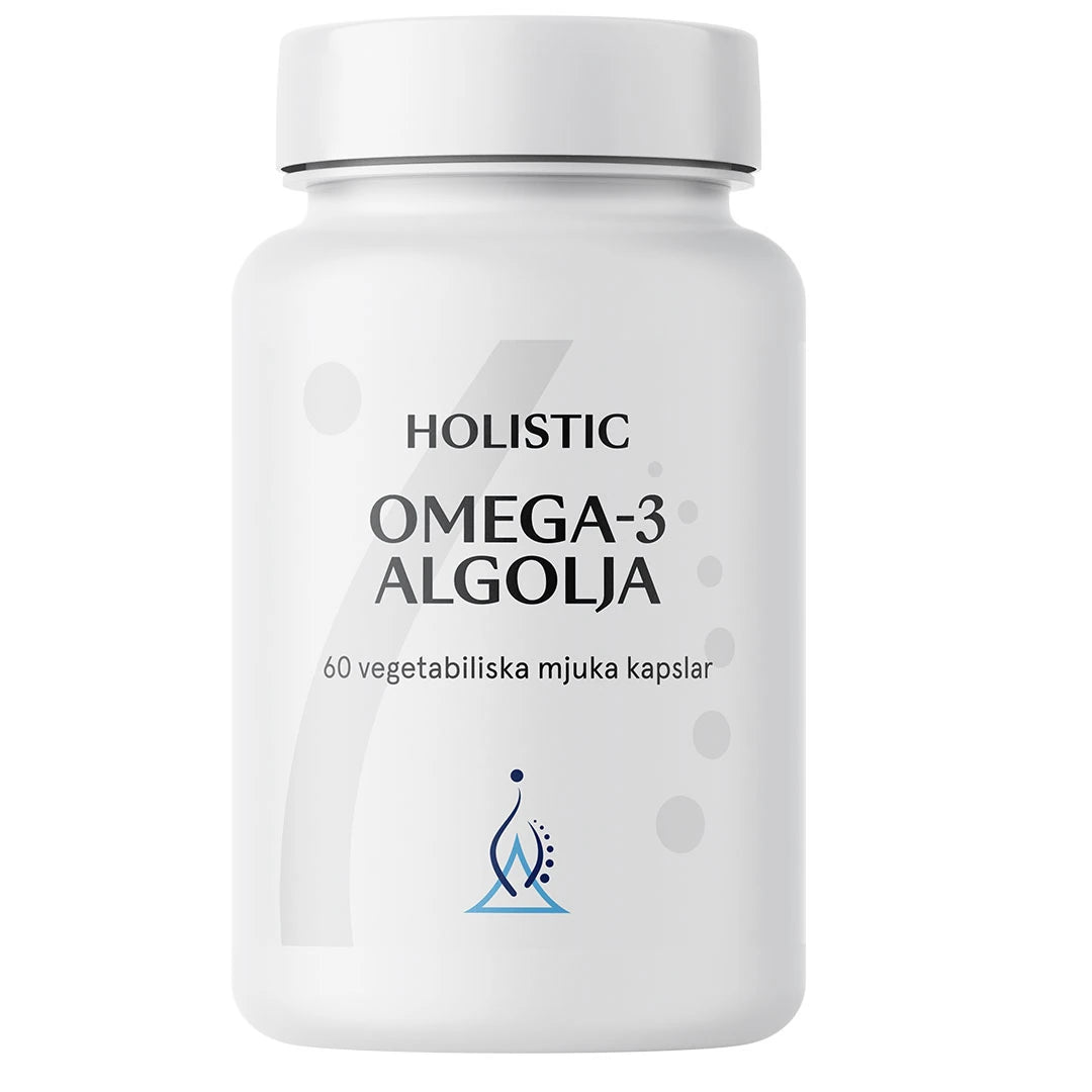 Holistic Omega-3 Algolja 60 caps tyylikkäässä valkoisessa purkissa, jossa on harmaita ja sinisiä yksityiskohtia., kuva 1/1