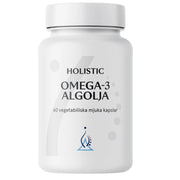 Holistic Omega-3 Algolja 60 caps tyylikkäässä valkoisessa purkissa, jossa on harmaita ja sinisiä yksityiskohtia.