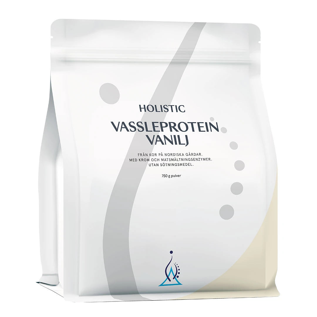 Holistic Heraproteiini 750 g -proteiinijauhe valkoisessa pussissa harmailla yksityiskohdilla, makuna Vanilja., kuva 1/4