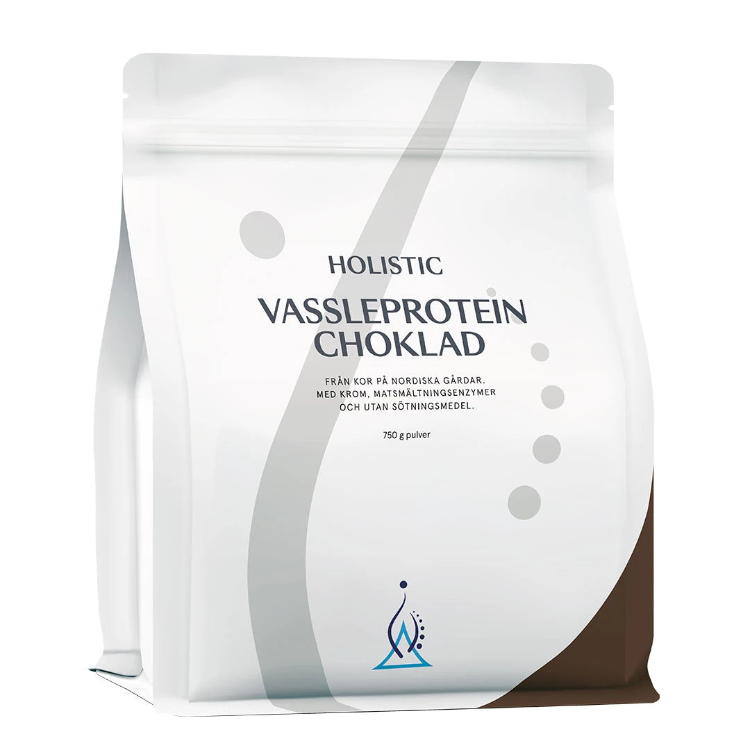 Holistic Heraproteiini 750 g -proteiinijauhe valkoisessa pussissa harmailla ja ruskeilla yksityiskohdilla, makuna suklaa., kuva 2/4