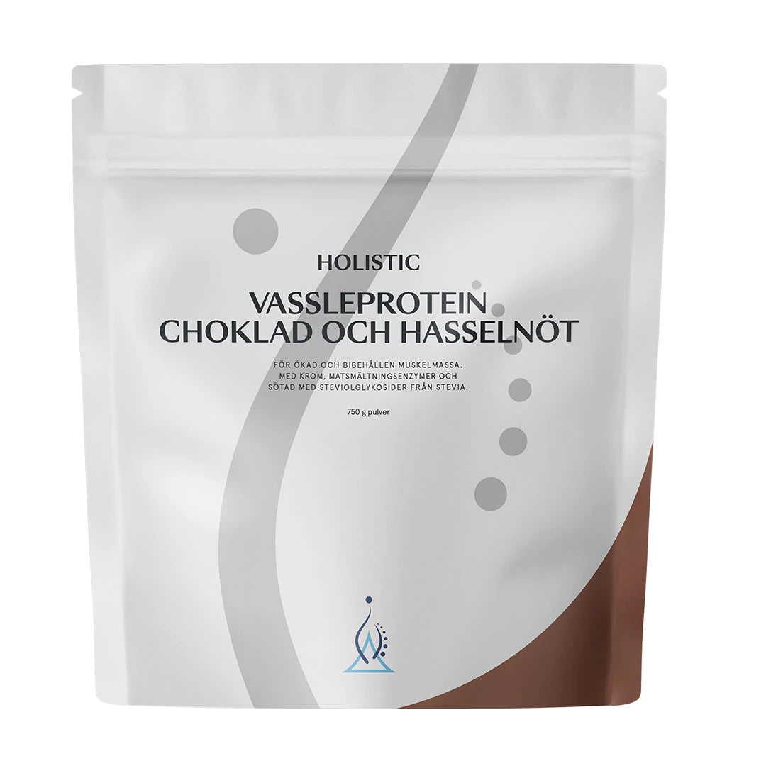 Holistic Heraproteiini 750 g -proteiinijauhe valkoisessa pussissa ruskeilla yksityiskohdilla, makuna suklaa-hasselpähkinä., kuva 3/4