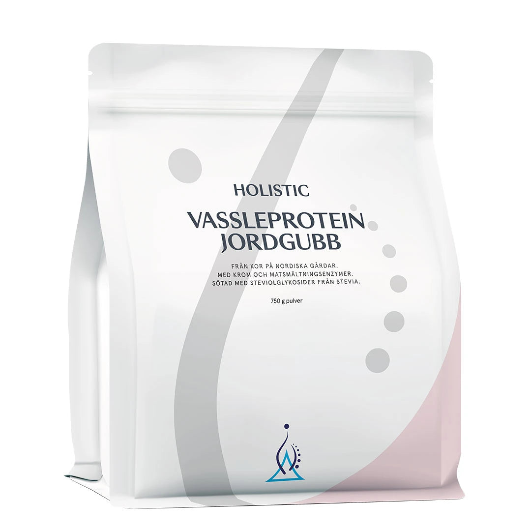 Holistic Heraproteiini 750 g -proteiinijauhe valkoisessa pussissa harmailla ja vaaleanpunaisilla yksityiskohdilla, makuna mansikka., kuva 4/4