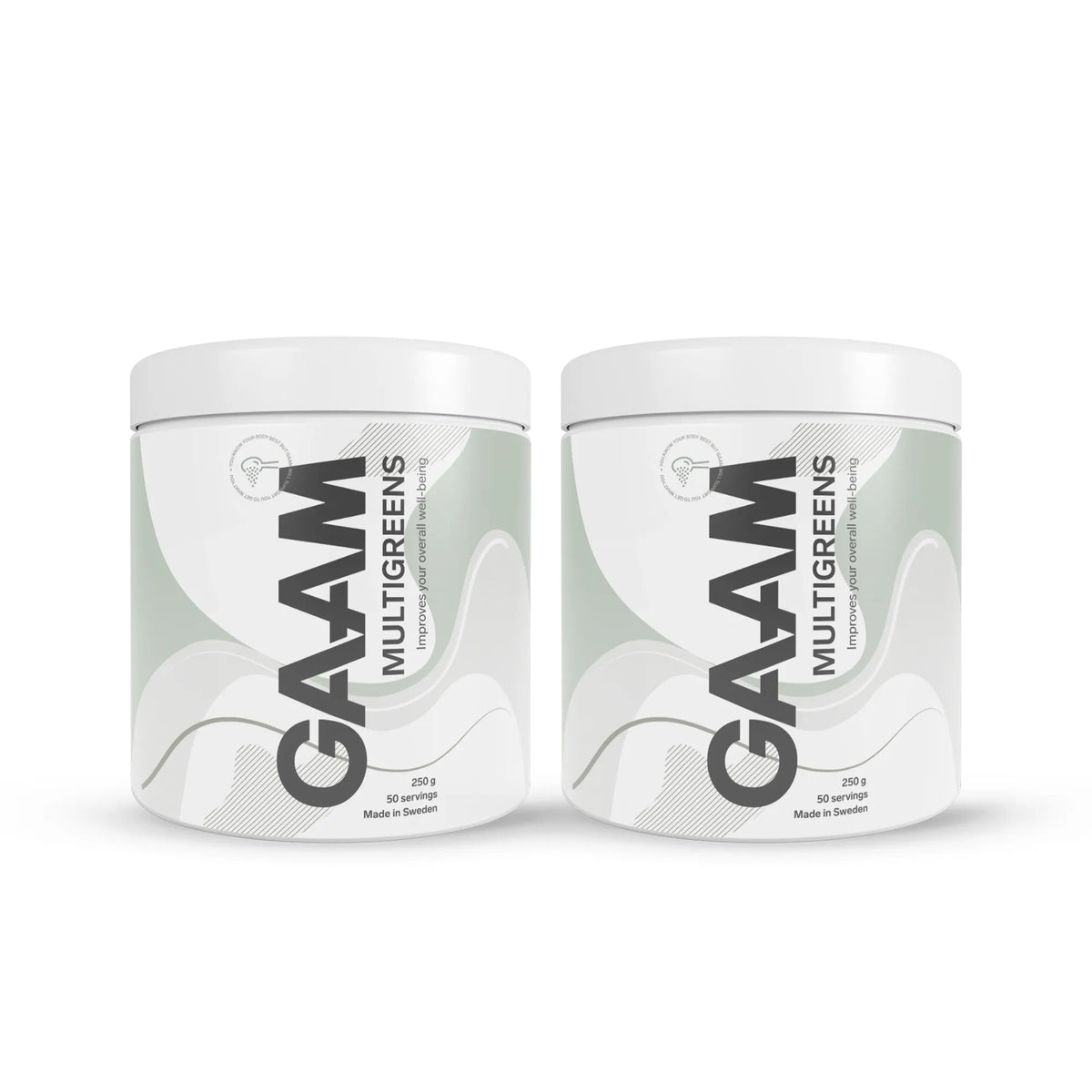 2 x GAAM Multigreens 250 g -ravintolisä kahdessa valkoisessa purkissa, joissa on harmaita ja vihreitä yksityiskohtia., kuva 1/1