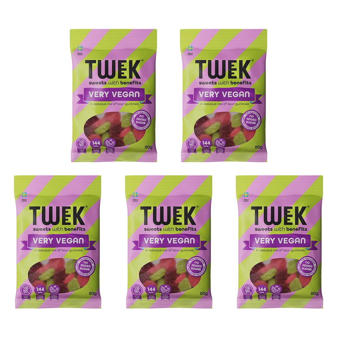 5 x Tweek Sweets 80 g Very Vegan vihreissä ja violeteissa pusseissa, joissa on happamia hyytelökarkkeja., kuva 1/1