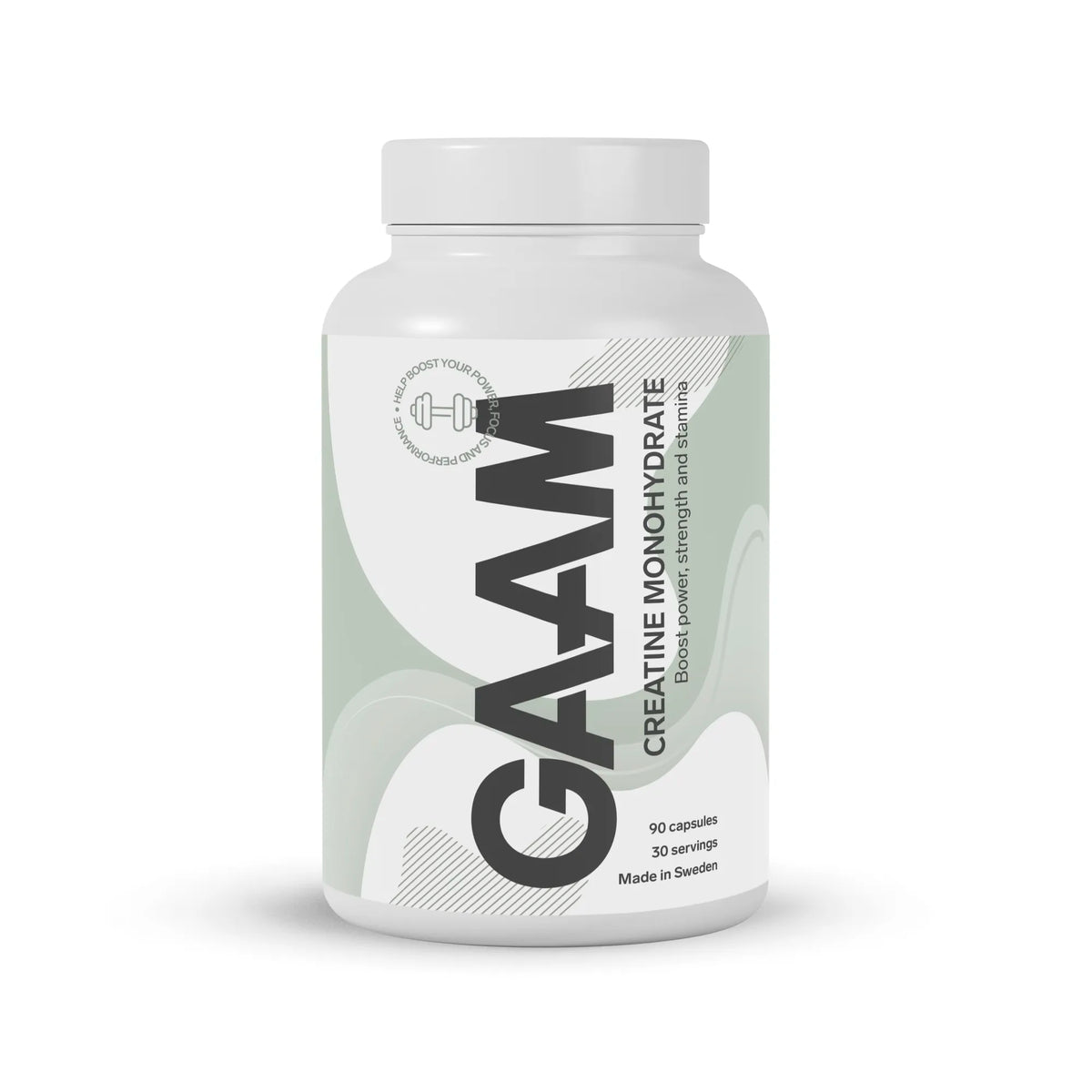 GAAM Creatine Monohydrate Kreatin 90 caps valkoisessa purkissa, jonka etiketissä on vaaleanvihreitä yksityiskohtia., kuva 1/1