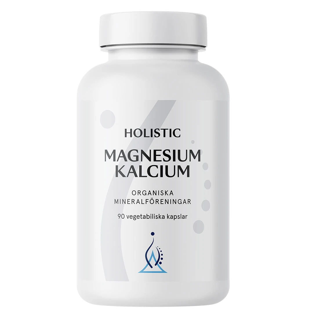 Holistic Magnesium/Kalcium 80/40 mg 90 caps -ravintolisä tyylikkäässä valkoisessa muovipurkissa harmain yksityiskohdin., kuva 1/1