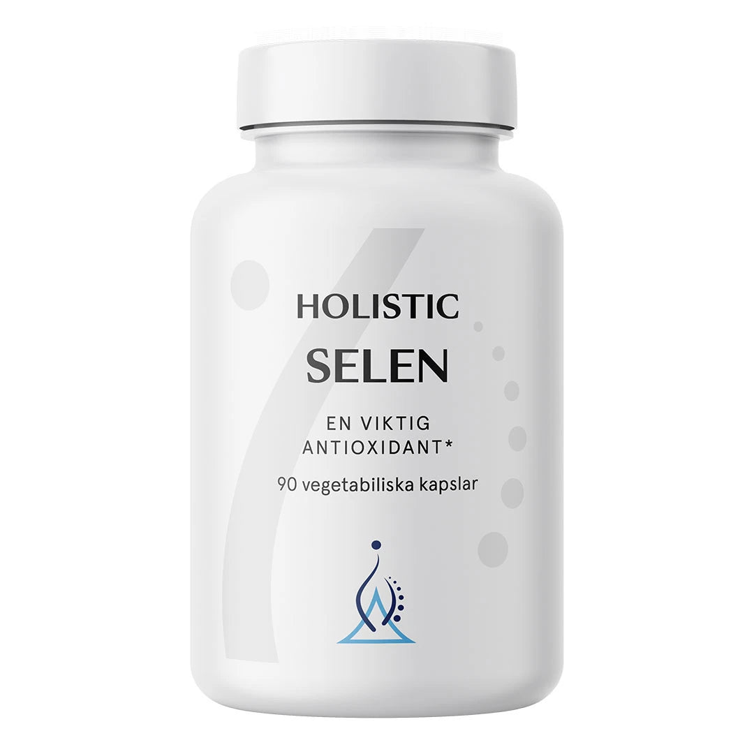 Holistic Selen 90 caps -kivennäisainelisä valkoisessa purkissa, kasviperäisiä kapseleita antioksidanttisuojaan., kuva 1/1