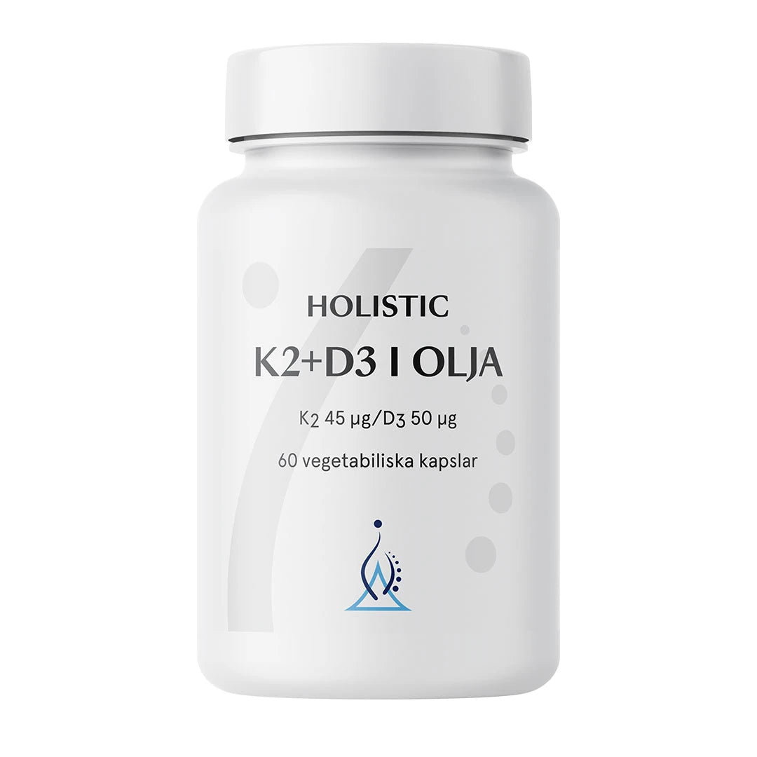 Holistic K2+D3 i olja 60 caps valkoisessa purkissa mustilla ja harmailla tekstiyksityiskohdilla., kuva 1/1