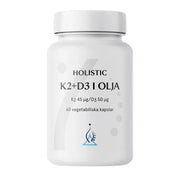 Holistic K2+D3 i olja 60 caps i en vit burk med svarta och gråa textdetaljer.