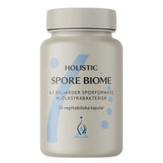 Holistic Spore Biome 30 caps -maitohappobakteerit vaaleanharmaassa purkissa, jossa on sinisiä graafisia yksityiskohtia.