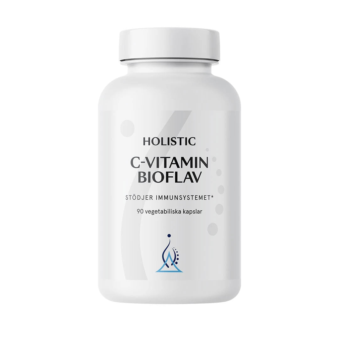 Holistic C-vitamin Bioflav 90 caps valkoisessa purkissa, vegaaninen ravintolisä immuunijärjestelmälle., kuva 1/1