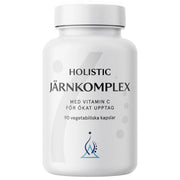 Holistic Järnkomplex 25 mg 90 caps -rautalisä tyylikkäässä valkoisessa purkissa, jossa on musta teksti.