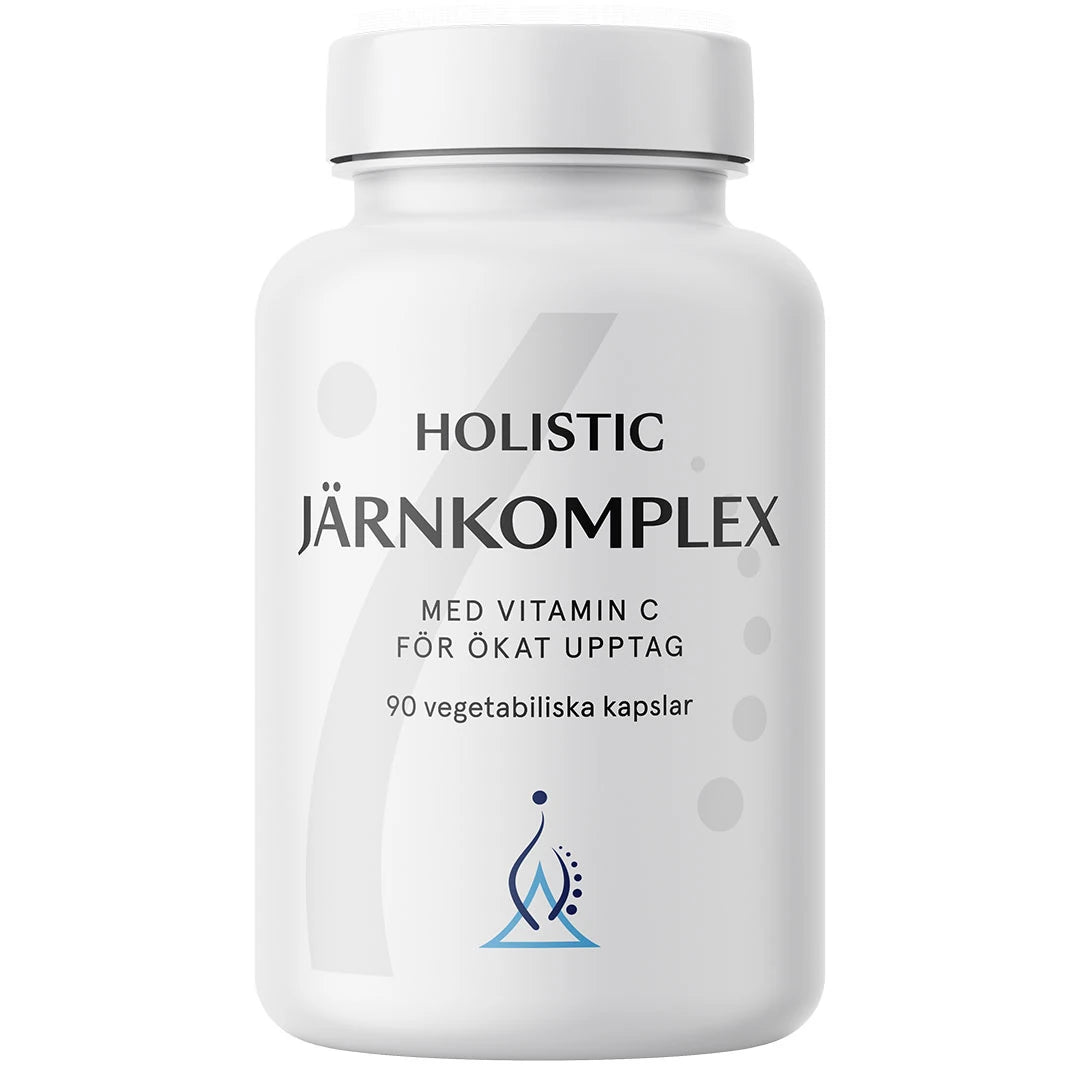 Holistic Järnkomplex 25 mg 90 caps -rautalisä tyylikkäässä valkoisessa purkissa, jossa on musta teksti., kuva 1/1