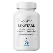 Holistic Benstark 60 caps valkoisessa purkissa, sisältää K2- ja D3-vitamiinia luustolle.
