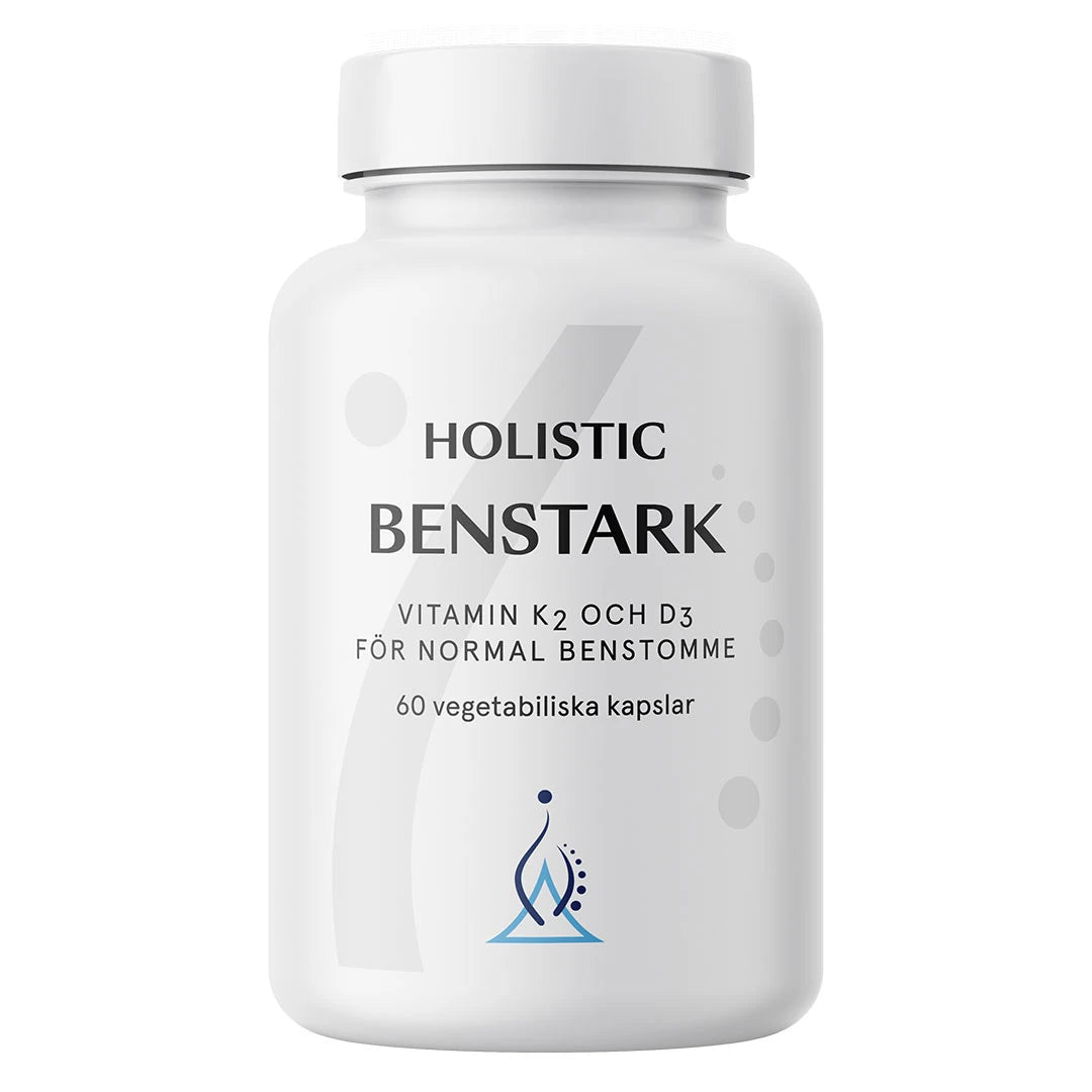Holistic Benstark 60 caps valkoisessa purkissa, sisältää K2- ja D3-vitamiinia luustolle., kuva 1/1
