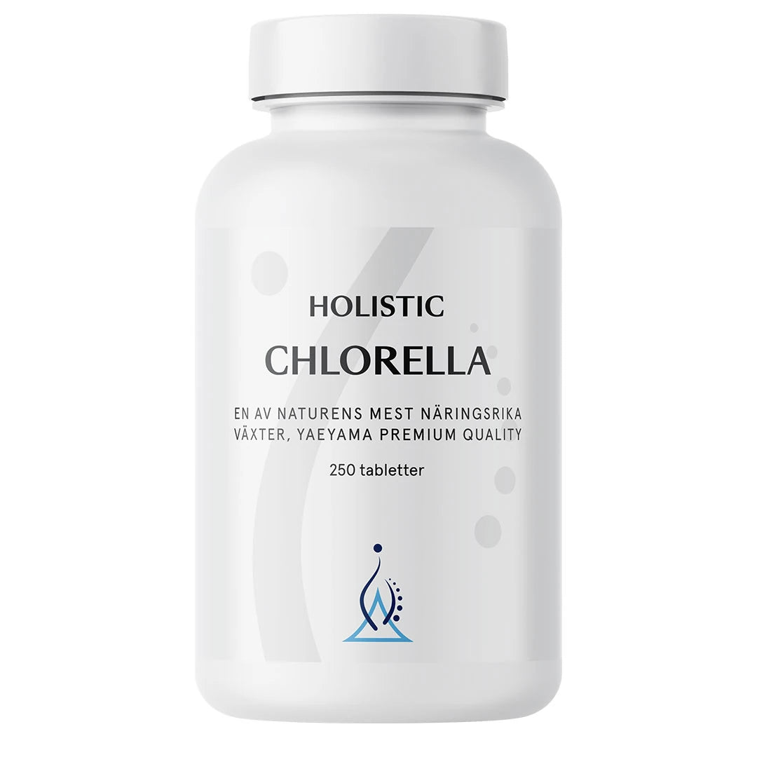 Holistic Chlorella 250 tabs i en stilren vit burk med grå och blå detaljer., bild 1 av 1