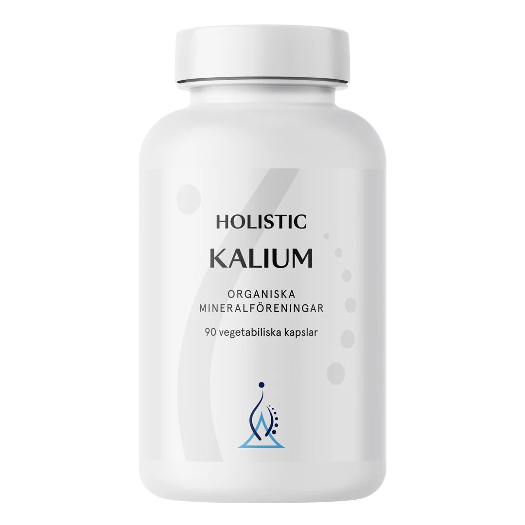 Holistic Kalium 250 mg 90 caps -ravintolisä valkoisessa purkissa harmailla yksityiskohdilla., kuva 1/1