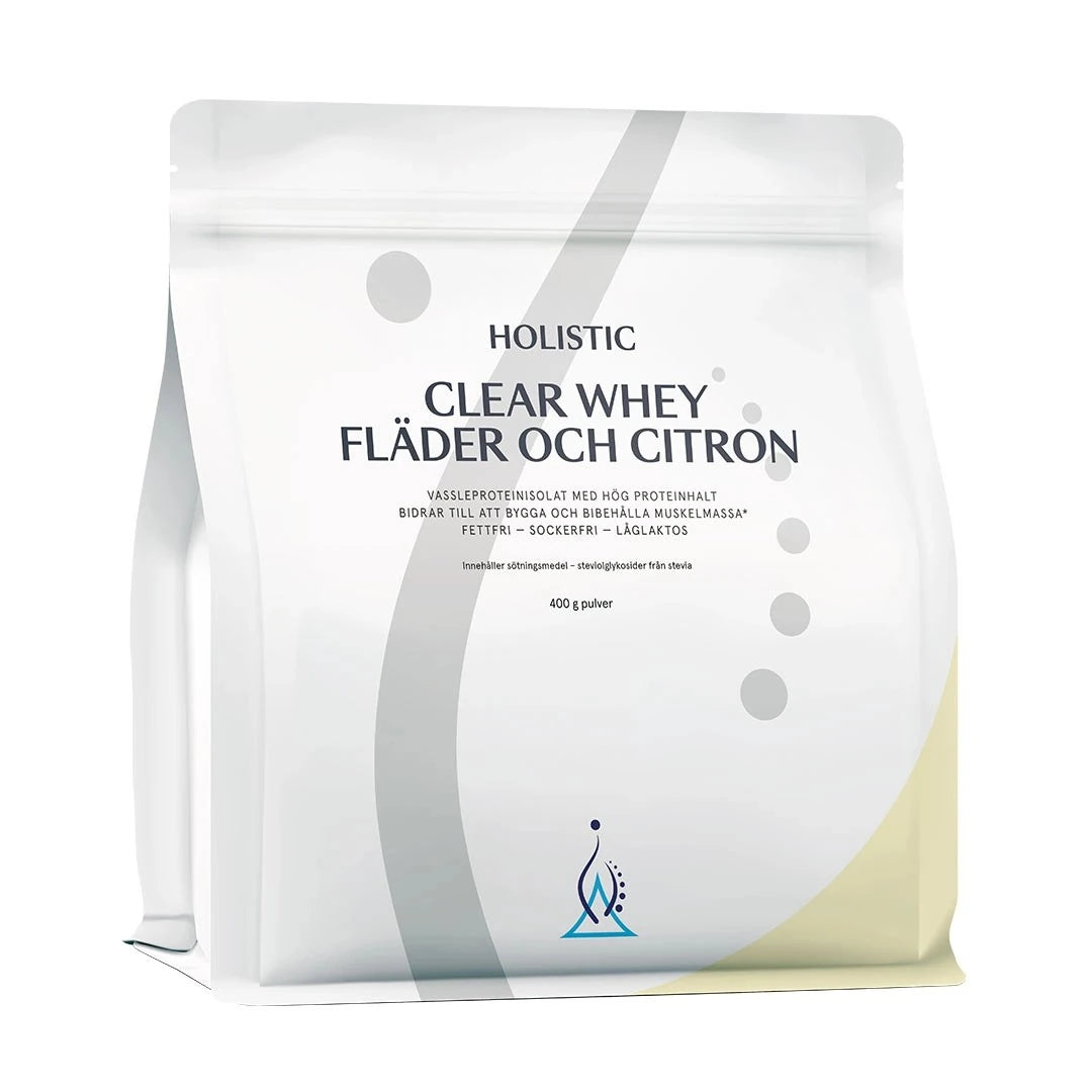 Valkoinen pussi Holistic Clear Whey -heraproteiini-isolaattia 400 g, makuna seljankukka ja sitruuna., kuva 1/2