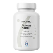 Holistic Homme Viril+ 90 caps -monivitamiini miehille tyylikkäässä valkoisessa purkissa mustilla yksityiskohdilla.