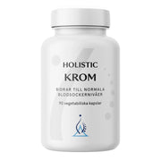 Holistic Krom 90 caps -ravintolisä valkoisessa purkissa, jonka etupuolella on musta teksti ja sininen logo.