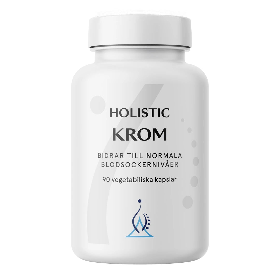 Holistic Krom 90 caps -ravintolisä valkoisessa purkissa, jonka etupuolella on musta teksti ja sininen logo., kuva 1/1