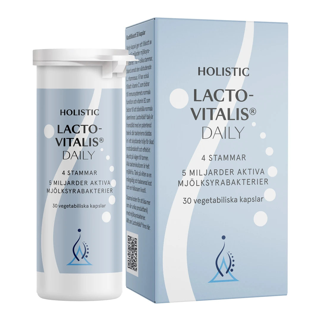Holistic Lactovitalis® daily 30 caps -maitohappobakteerit valkoisessa purkissa ja vaaleansinisessä rasiassa., kuva 1/1
