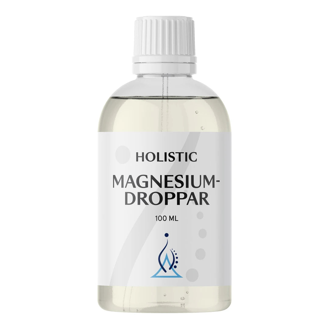 Holistic Magnesiumdroppar 100 ml, nestemäinen ravintolisä läpinäkyvässä pullossa valkoisella etiketillä., kuva 1/1
