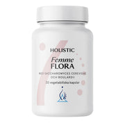 Holistic Femme Flora 30 caps -ravintolisä valkoisessa purkissa vaaleanpunaisin ja sinisin yksityiskohdin.