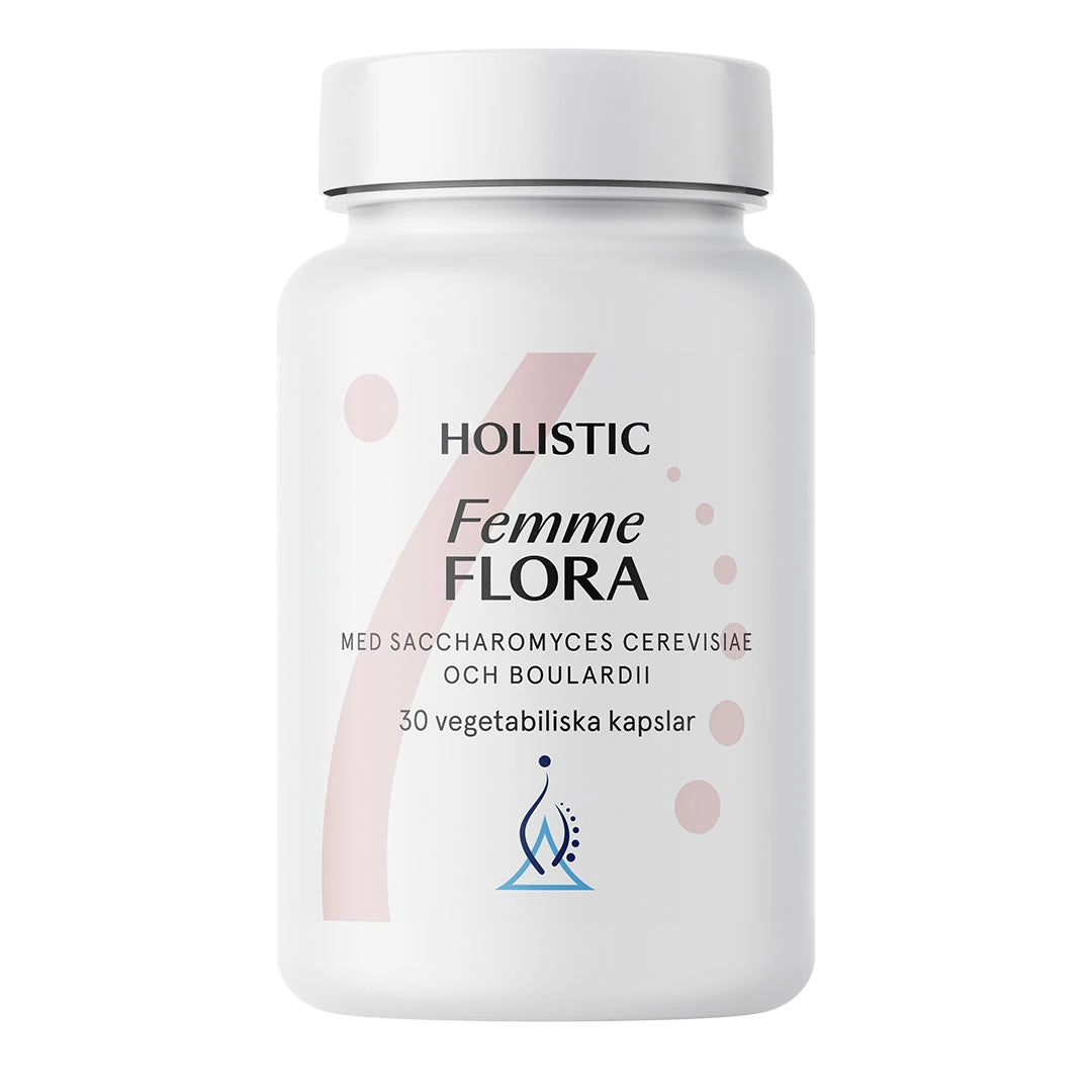 Holistic Femme Flora 30 caps, kosttillskott för mag- och tarmhälsa i en vit burk med rosa och blå detaljer., bild 1 av 1
