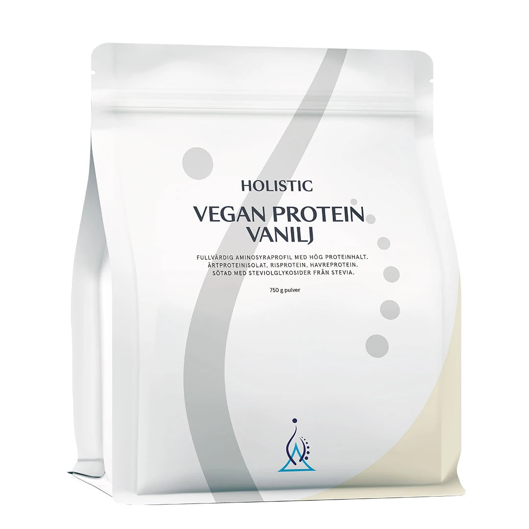 Vegaaninen Holistic Vegan protein 750 g -proteiinijauhe tyylikkäässä valkoisessa pussissa, makuna Vanilj., kuva 1/1