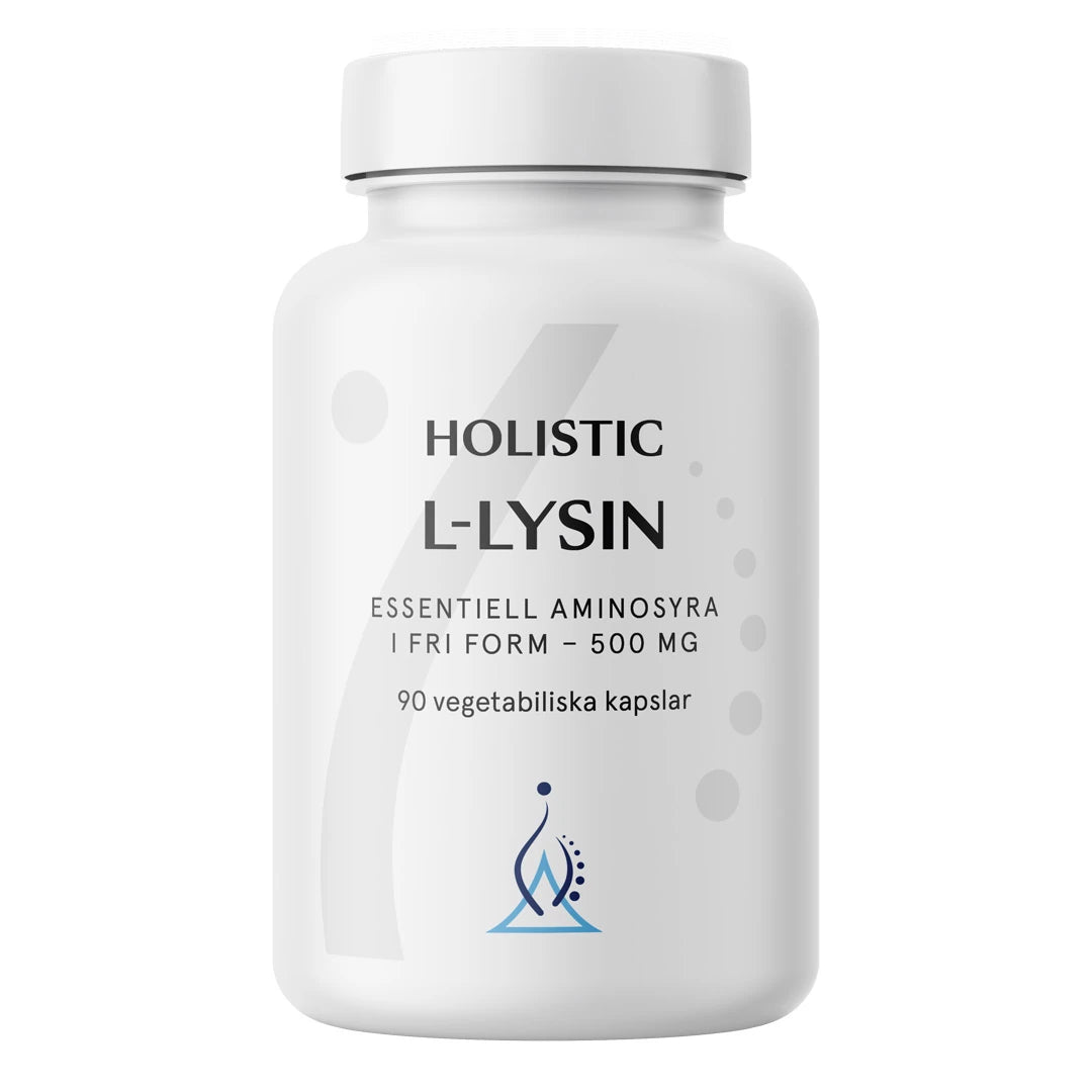 Holistic L-lysin 500 mg 90 caps tyylikkäässä valkoisessa purkissa, jossa on sininen logo ja harmaita yksityiskohtia., kuva 1/1